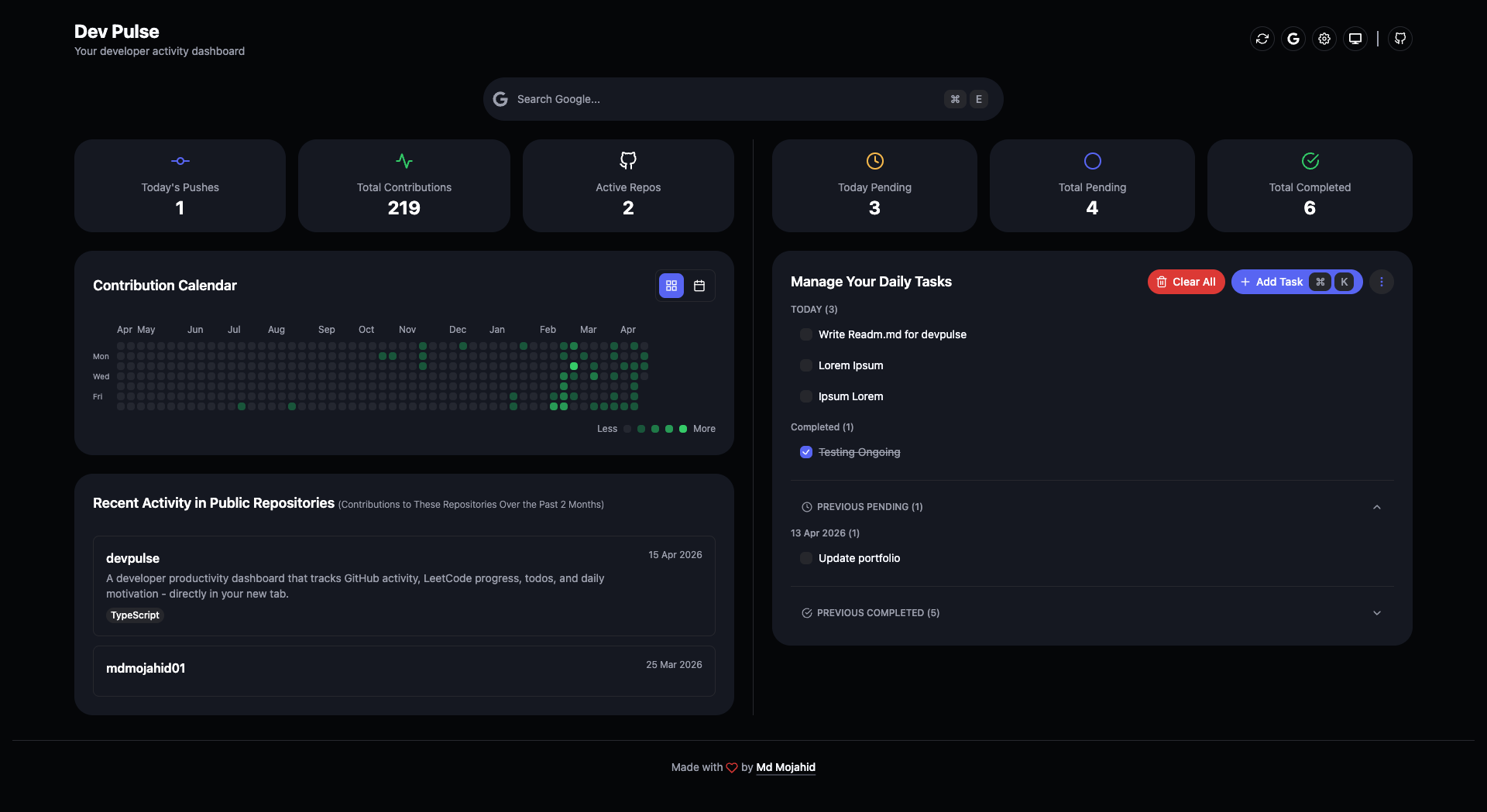 DevPulse - Developer Dashboard Extension